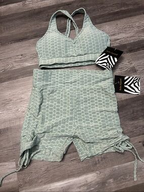 Soho Apparel Light Mint Textured Active Set - Cropped Sports Bra & Ruched Shorts